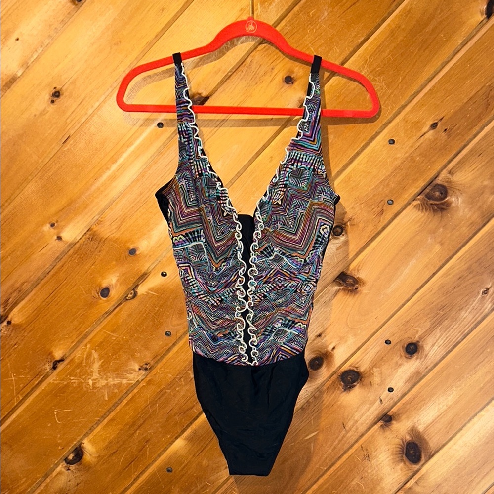 Profile by Gottex ruched multicolor striped slimming one piece swimsuit